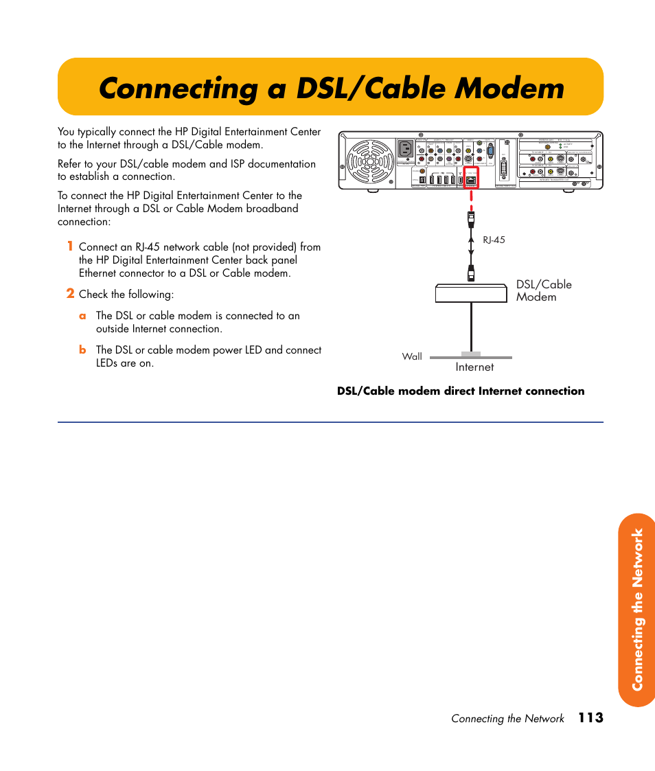 Connecting a dsl/cable modem, 113 connecting the network, Internet dsl/cable modem | Connecting the network, Audio out, Wall, Rj-45 | HP Digital Entertainment Center User Manual | Page 119 / 170