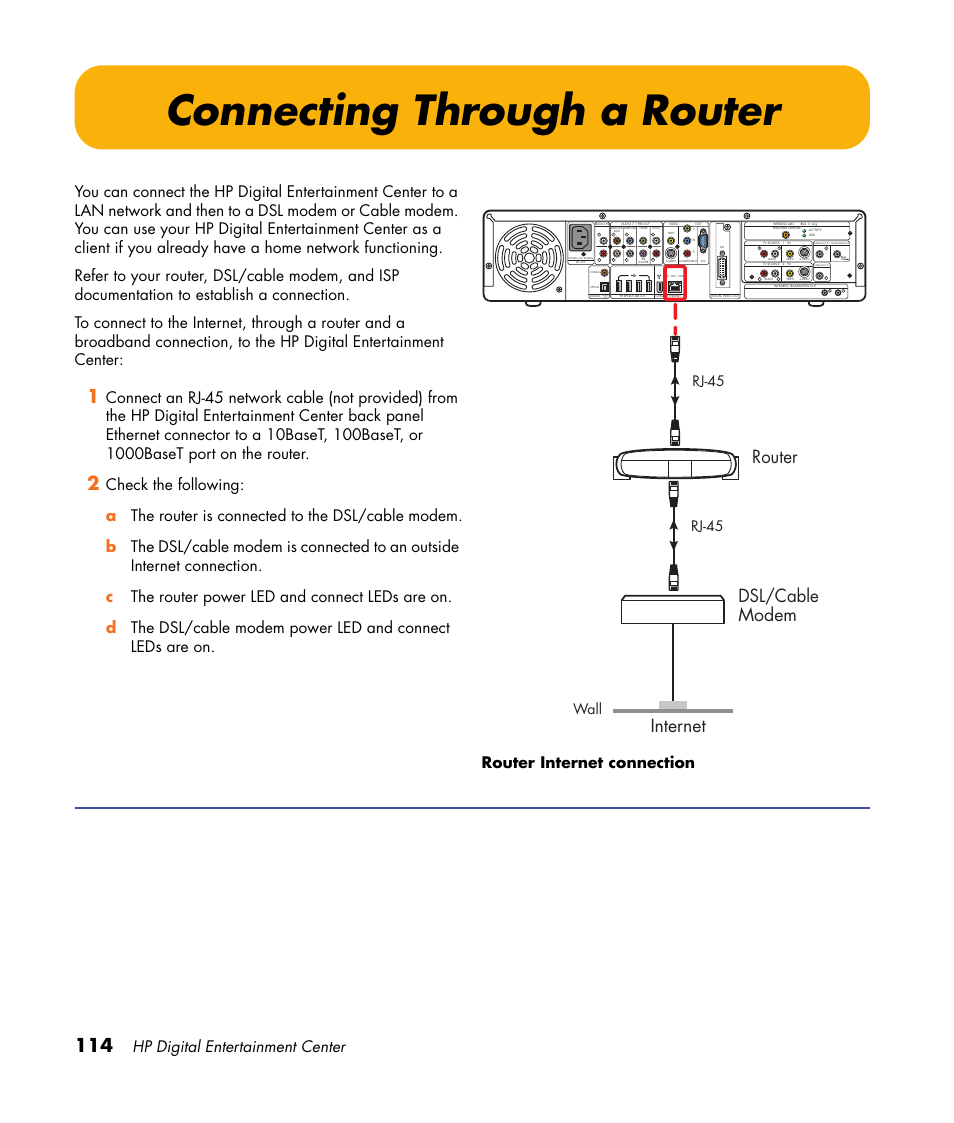 Connecting through a router, Router, Internet dsl/cable modem | Hp digital entertainment center, Rj-45, Wall | HP Digital Entertainment Center User Manual | Page 120 / 170