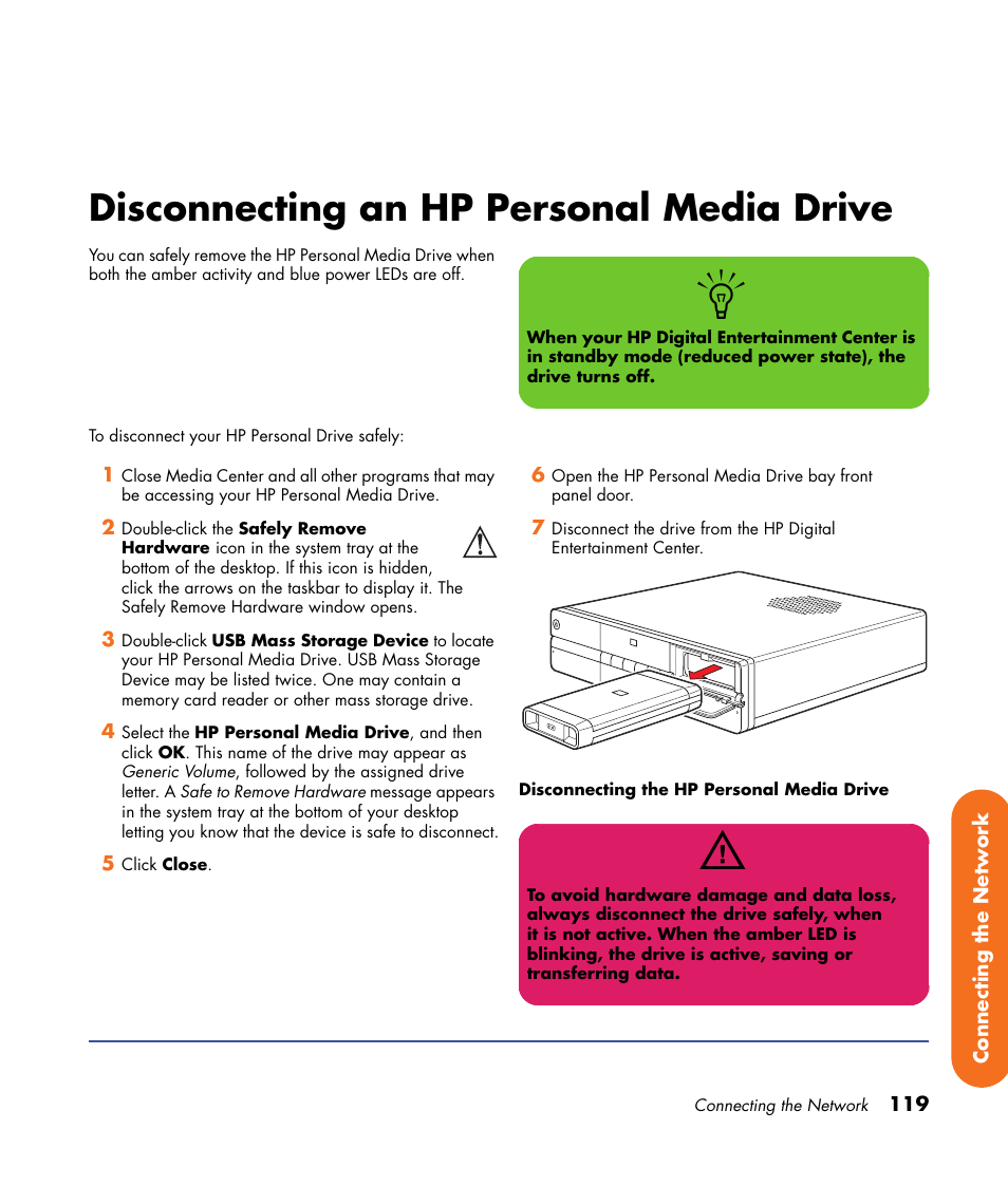 Disconnecting an hp personal media drive | HP Digital Entertainment Center User Manual | Page 125 / 170