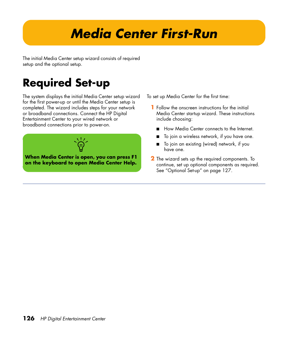 Media center first-run, Required set-up | HP Digital Entertainment Center User Manual | Page 132 / 170