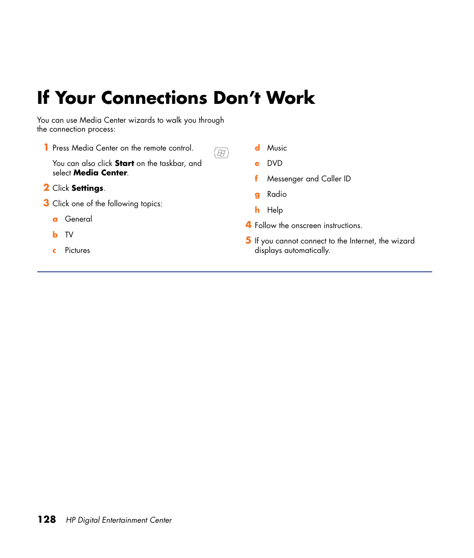 If your connections don’t work | HP Digital Entertainment Center User Manual | Page 134 / 170