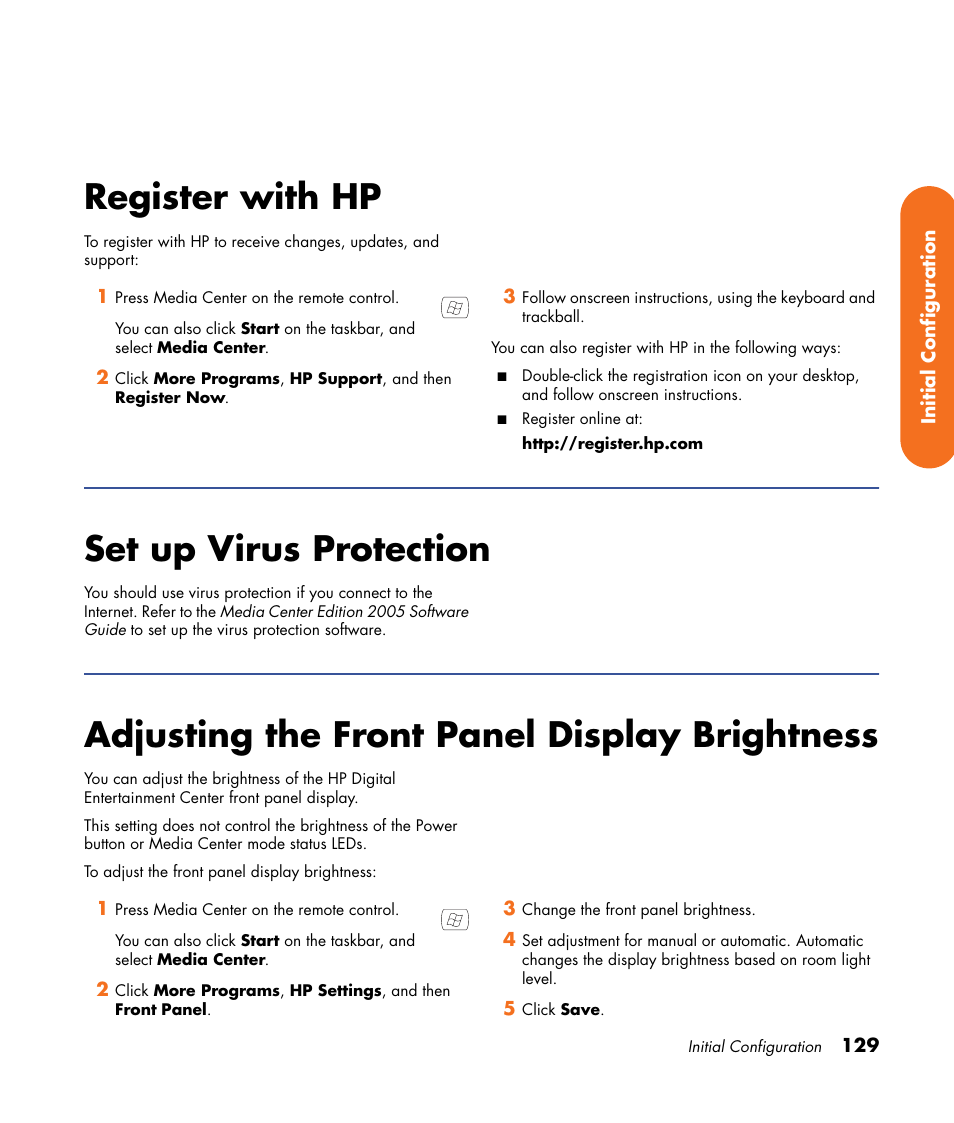 Register with hp, Set up virus protection, Adjusting the front panel display brightness | HP Digital Entertainment Center User Manual | Page 135 / 170