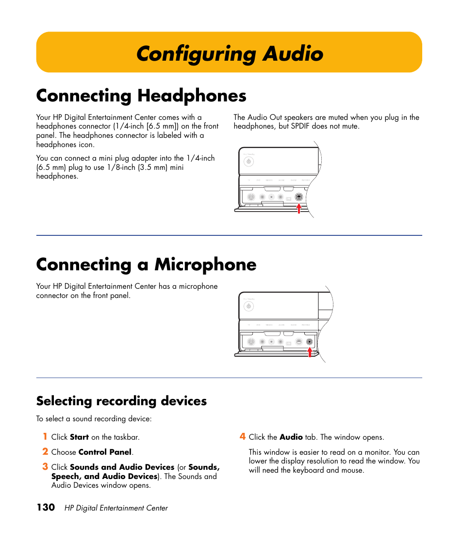 Configuring audio, Connecting headphones, Connecting a microphone | Selecting recording devices | HP Digital Entertainment Center User Manual | Page 136 / 170