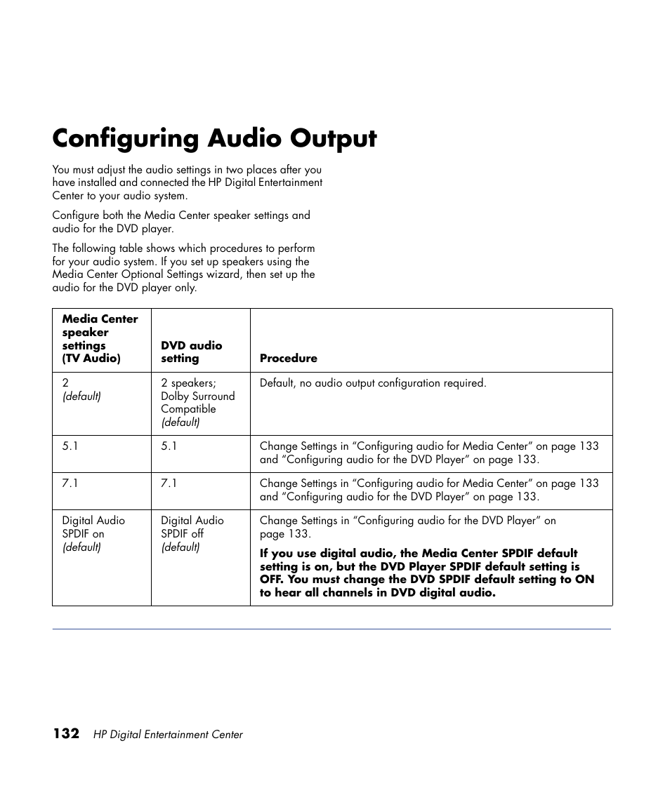 Configuring audio output | HP Digital Entertainment Center User Manual | Page 138 / 170