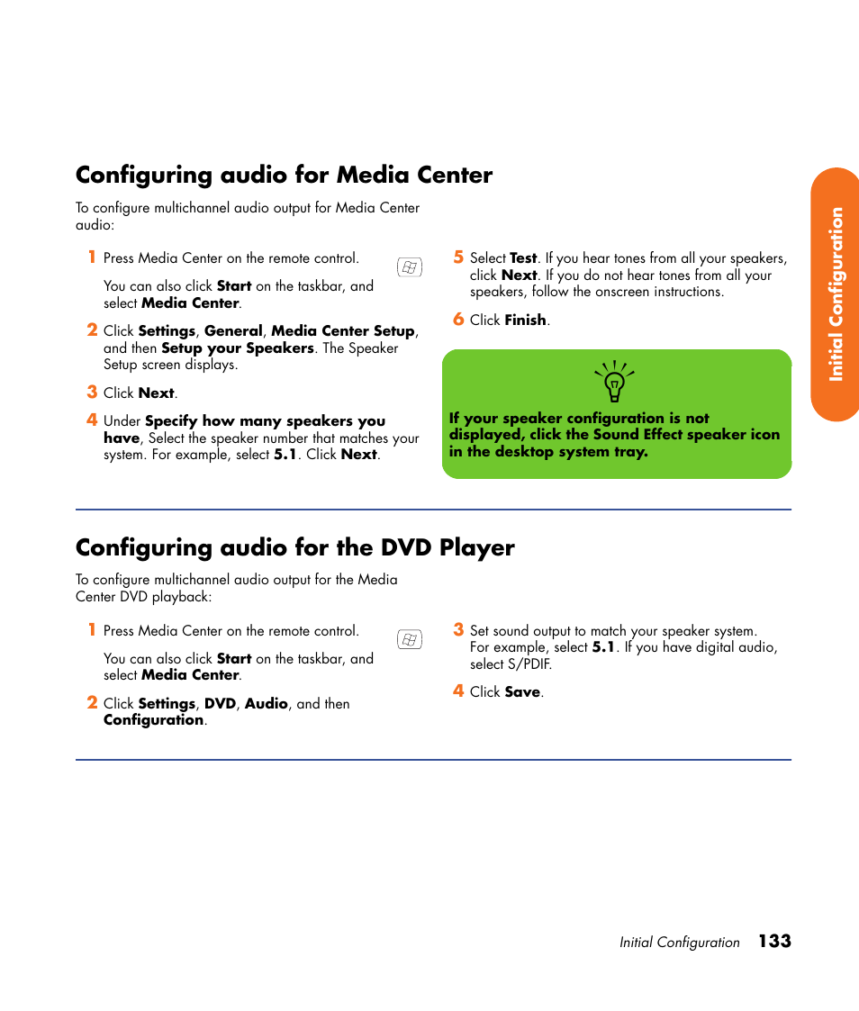 Configuring audio for media center, Configuring audio for the dvd player | HP Digital Entertainment Center User Manual | Page 139 / 170