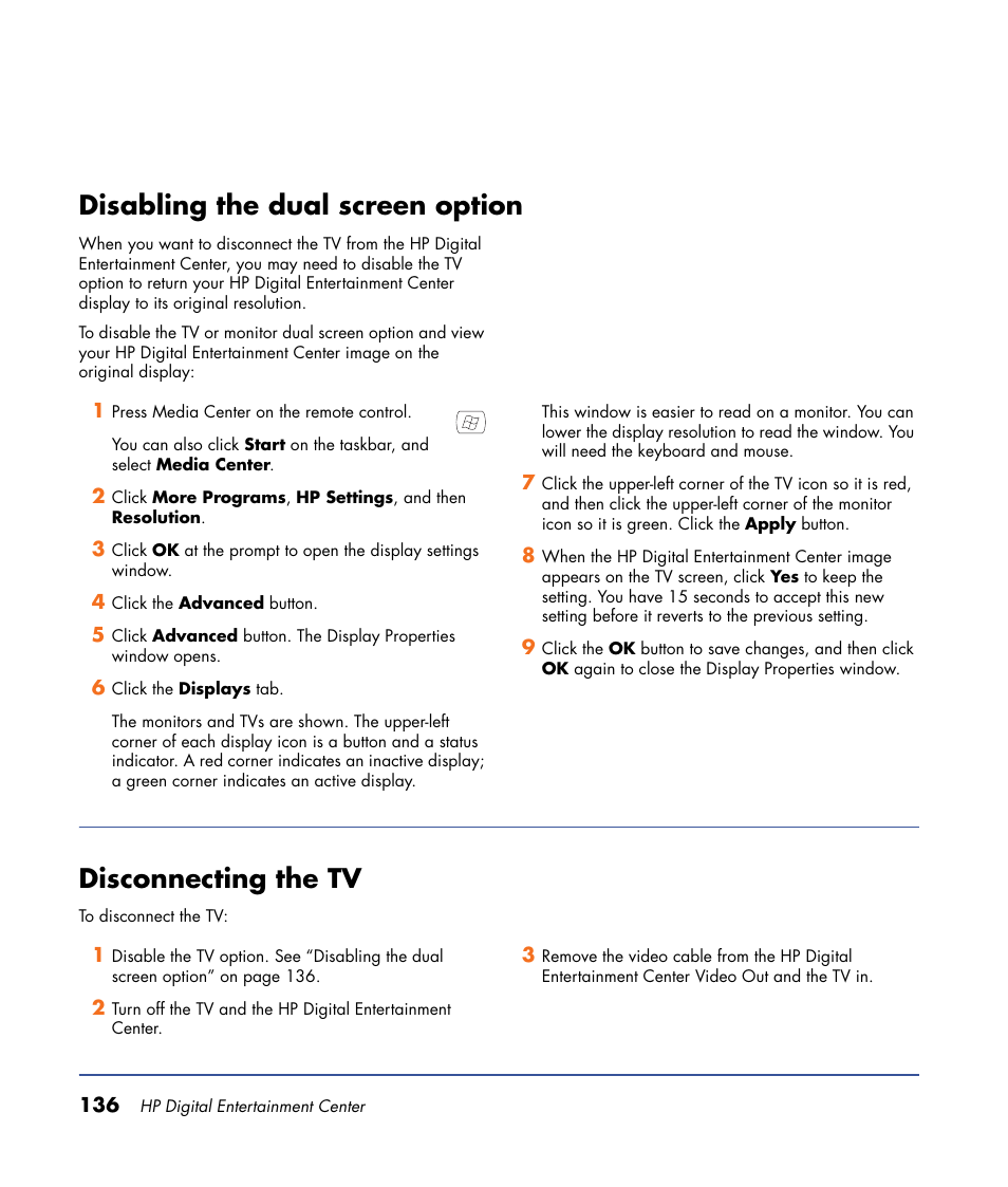 Disabling the dual screen option, Disconnecting the tv | HP Digital Entertainment Center User Manual | Page 142 / 170