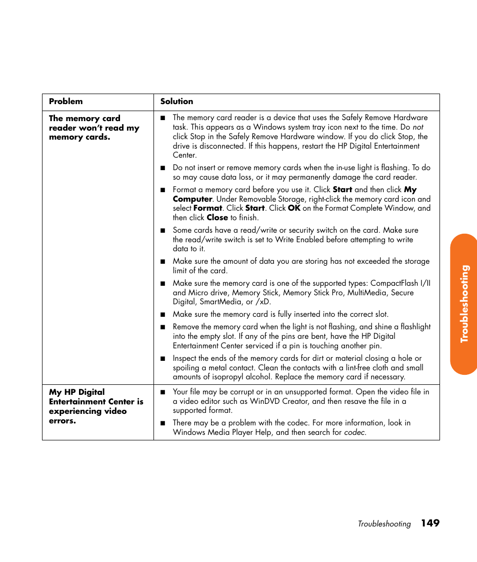 149 tr oubleshooting | HP Digital Entertainment Center User Manual | Page 155 / 170
