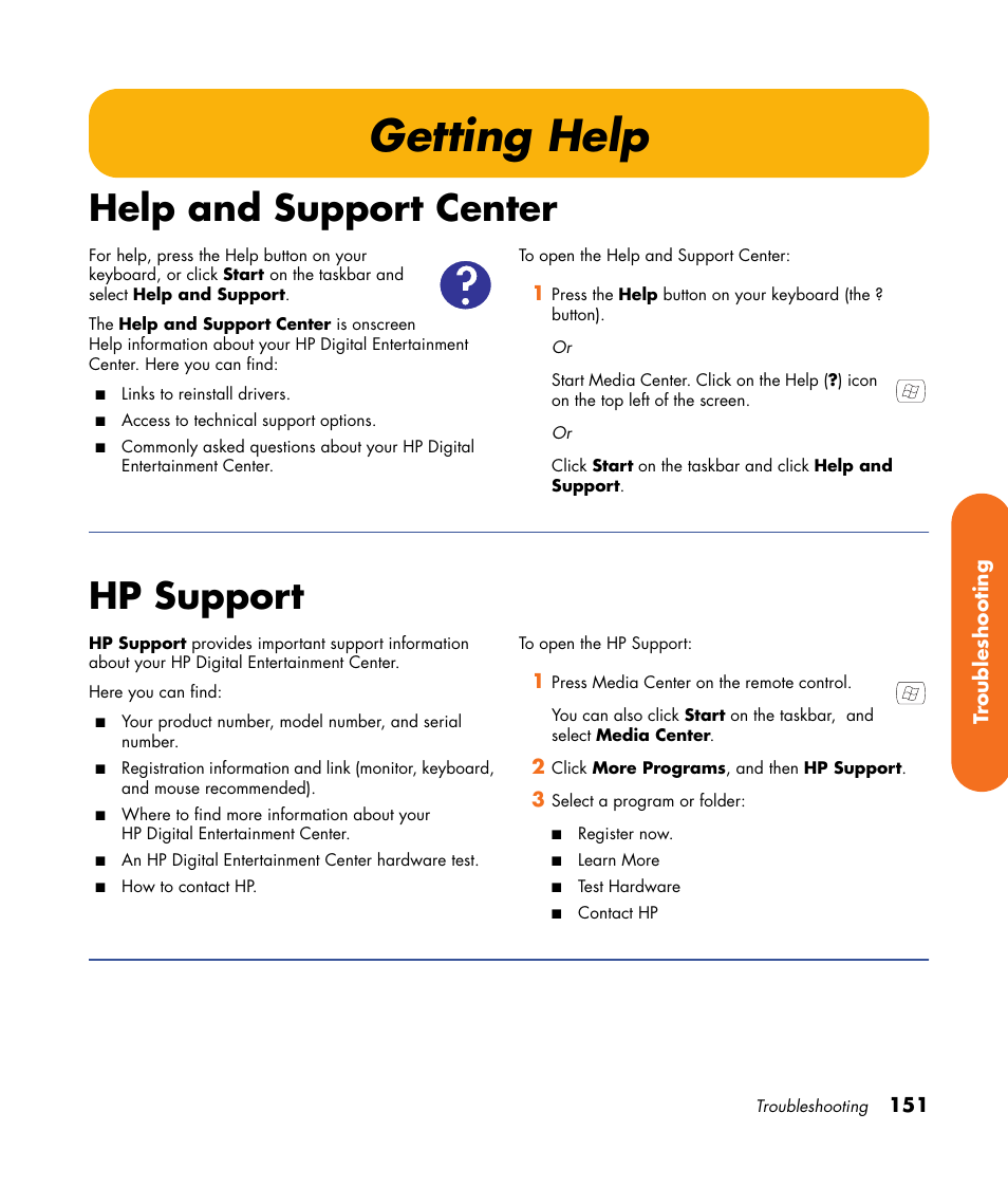 Getting help, Help and support center, Hp support | HP Digital Entertainment Center User Manual | Page 157 / 170