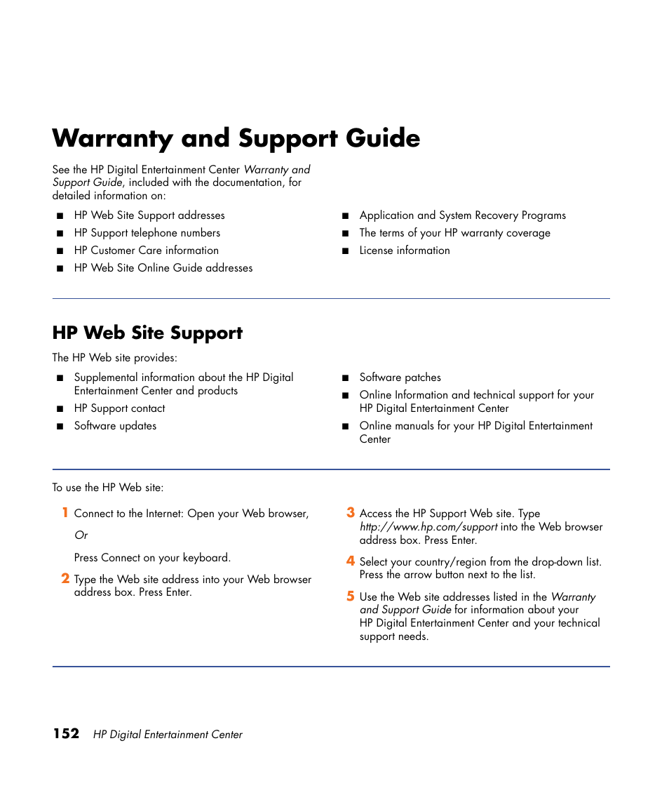 Warranty and support guide, Hp web site support | HP Digital Entertainment Center User Manual | Page 158 / 170