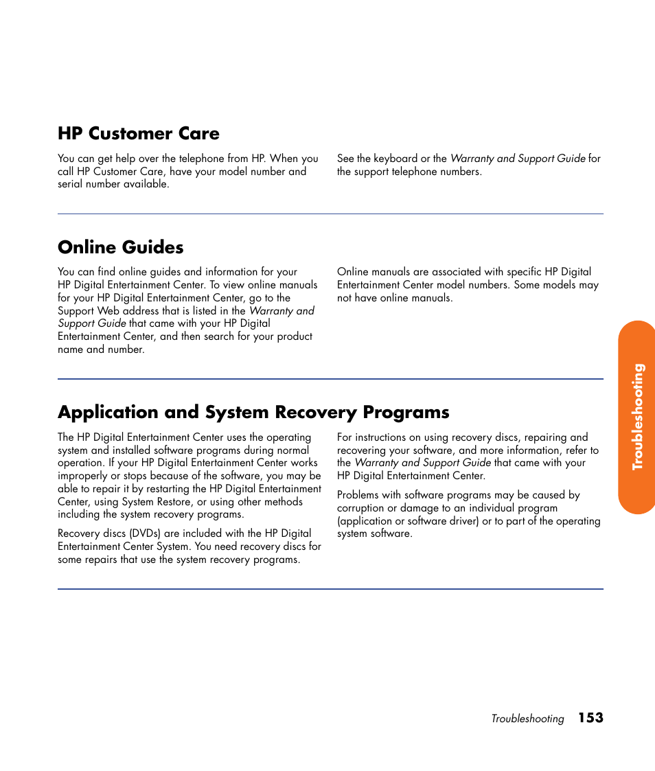 Hp customer care, Online guides, Application and system recovery programs | HP Digital Entertainment Center User Manual | Page 159 / 170