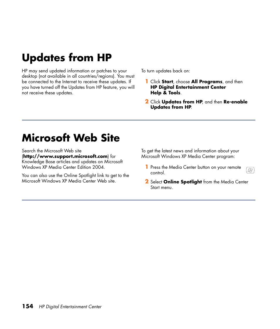 Updates from hp, Microsoft web site | HP Digital Entertainment Center User Manual | Page 160 / 170