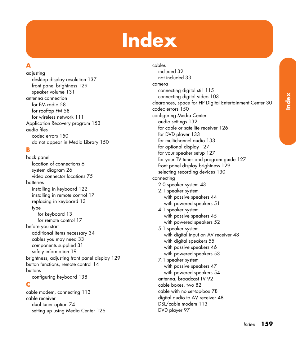 Index | HP Digital Entertainment Center User Manual | Page 165 / 170