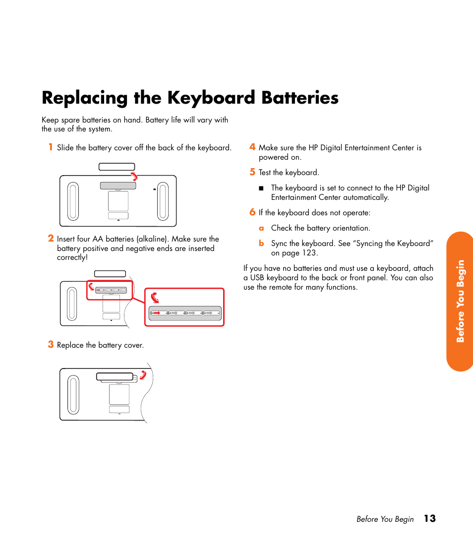 Replacing the keyboard batteries | HP Digital Entertainment Center User Manual | Page 19 / 170