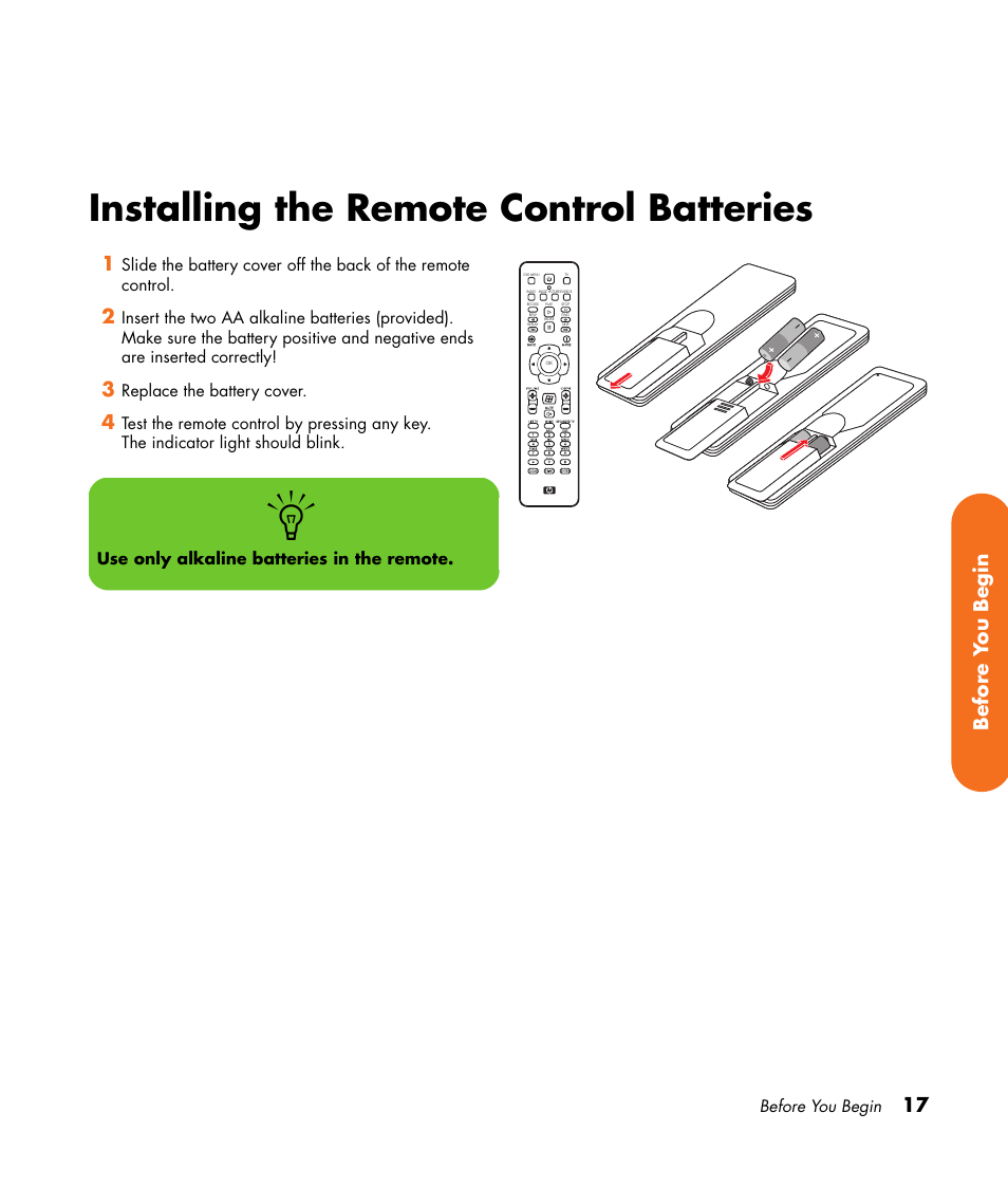 Installing the remote control batteries | HP Digital Entertainment Center User Manual | Page 23 / 170