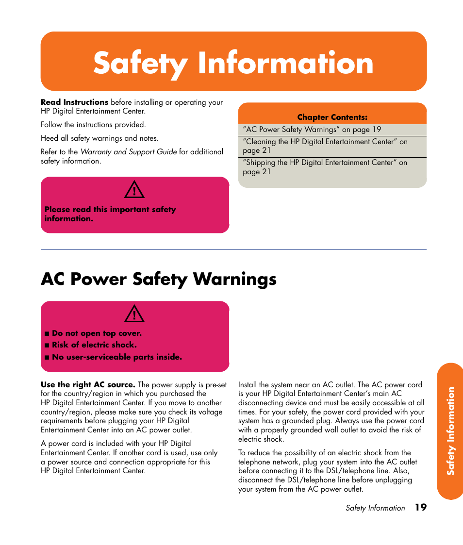 Safety information, Ac power safety warnings | HP Digital Entertainment Center User Manual | Page 25 / 170