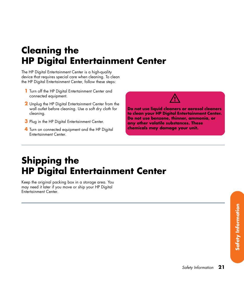 Cleaning the hp digital entertainment center, Shipping the hp digital entertainment center | HP Digital Entertainment Center User Manual | Page 27 / 170