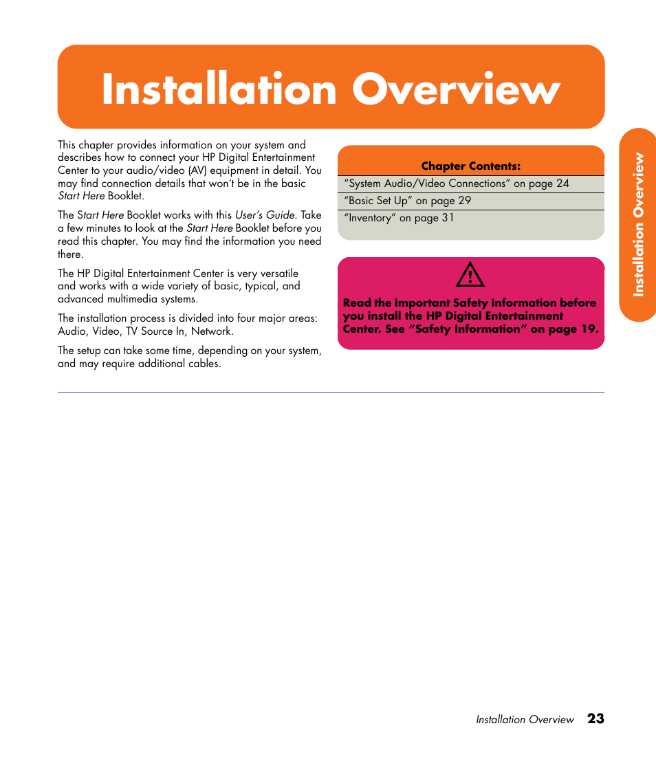 Installation overview | HP Digital Entertainment Center User Manual | Page 29 / 170