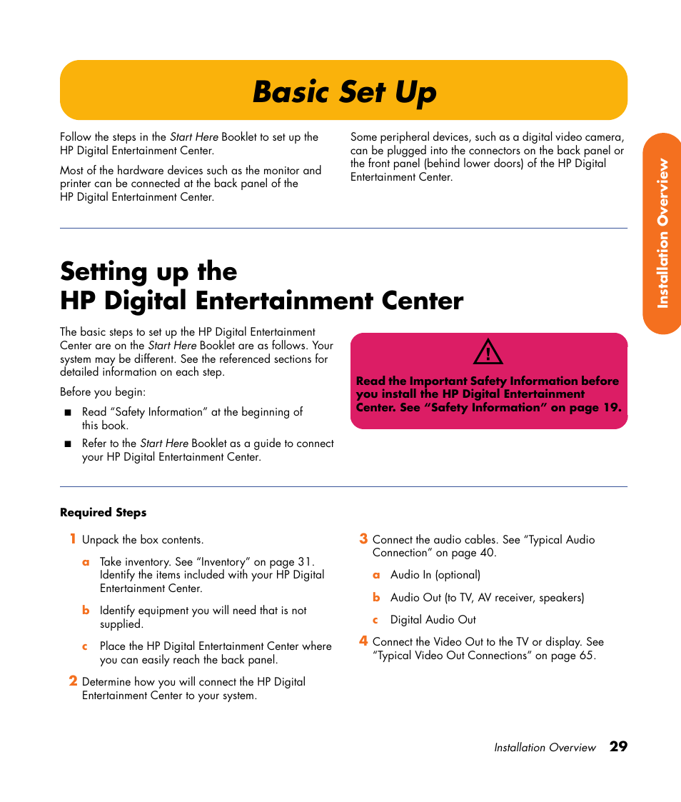 Basic set up, Setting up the hp digital entertainment center | HP Digital Entertainment Center User Manual | Page 35 / 170