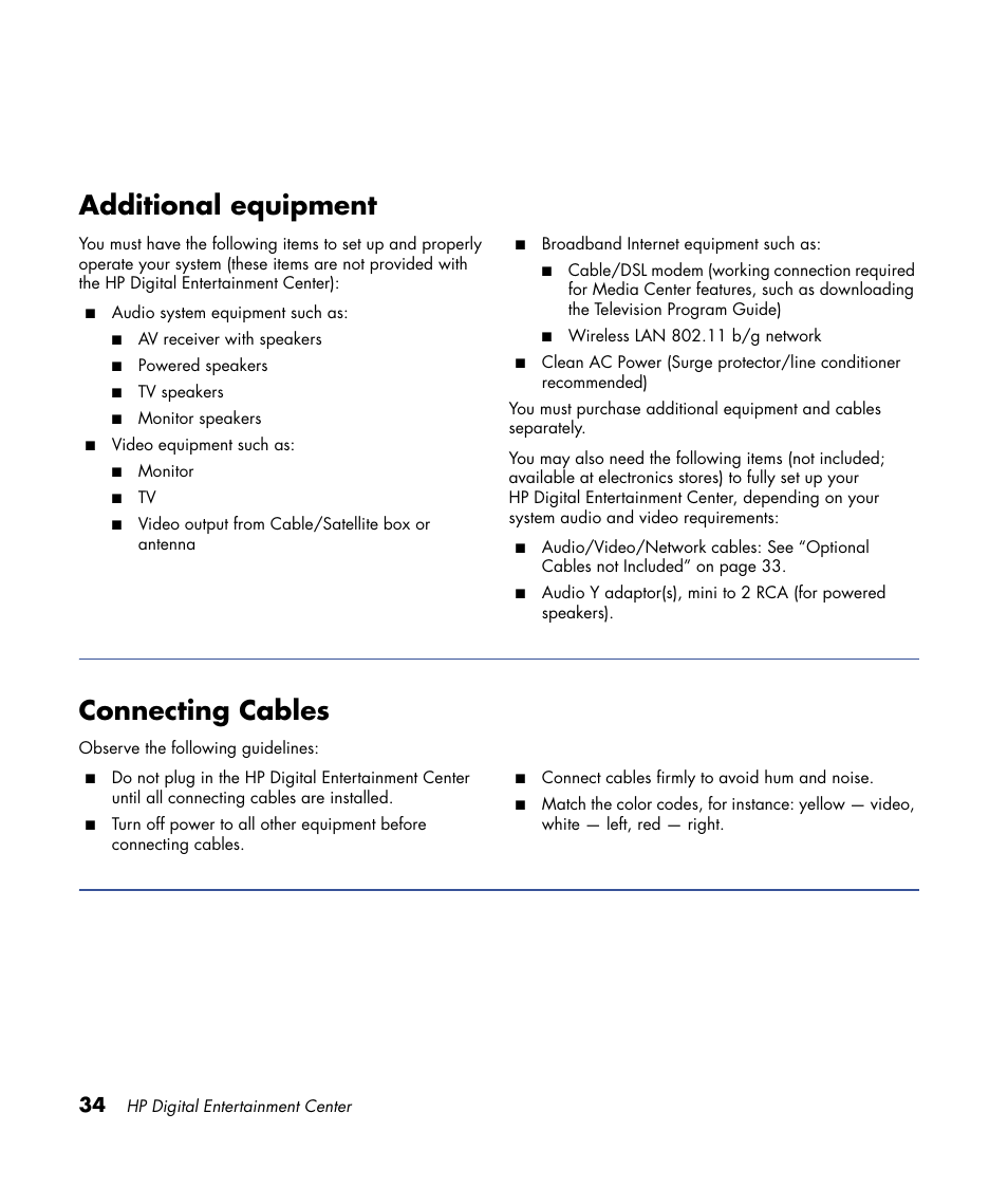 Additional equipment, Connecting cables | HP Digital Entertainment Center User Manual | Page 40 / 170