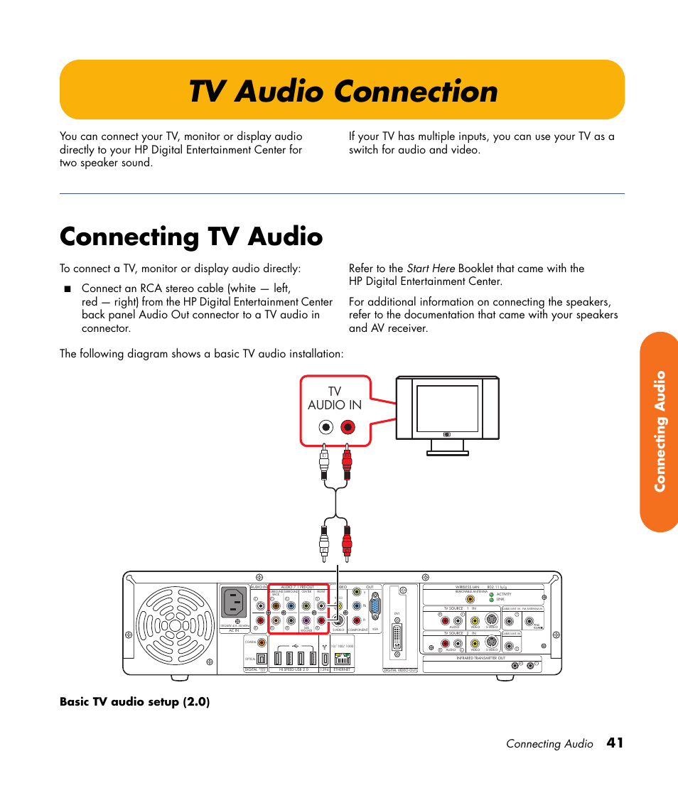 Tv audio connection, Connecting tv audio, 41 connecting audio | Tv audio in, Connecting audio | HP Digital Entertainment Center User Manual | Page 47 / 170