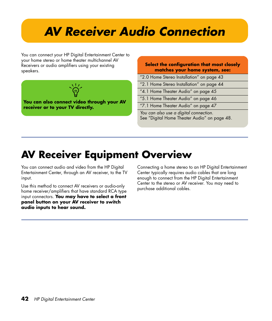 Av receiver audio connection, Av receiver equipment overview | HP Digital Entertainment Center User Manual | Page 48 / 170