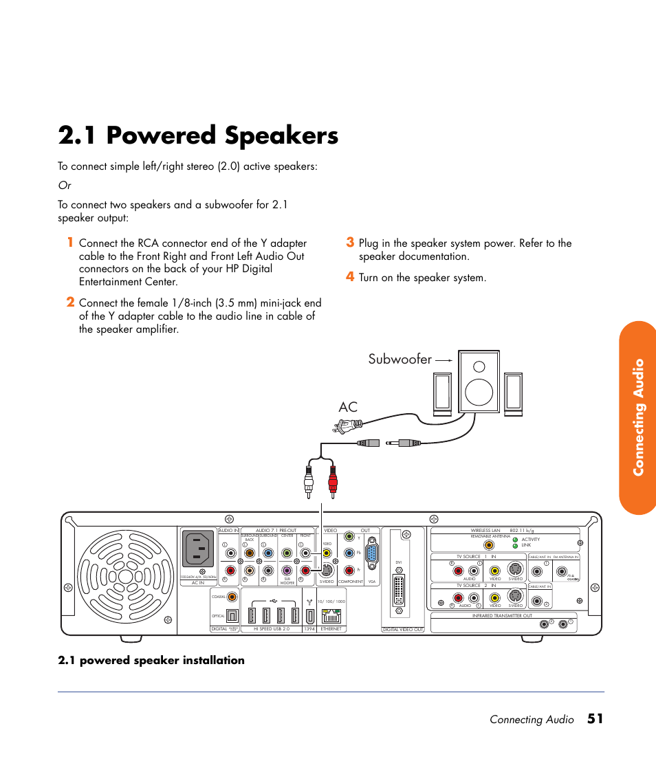 1 powered speakers, Subwoofer, 51 connecting audio | Connecting audio | HP Digital Entertainment Center User Manual | Page 57 / 170