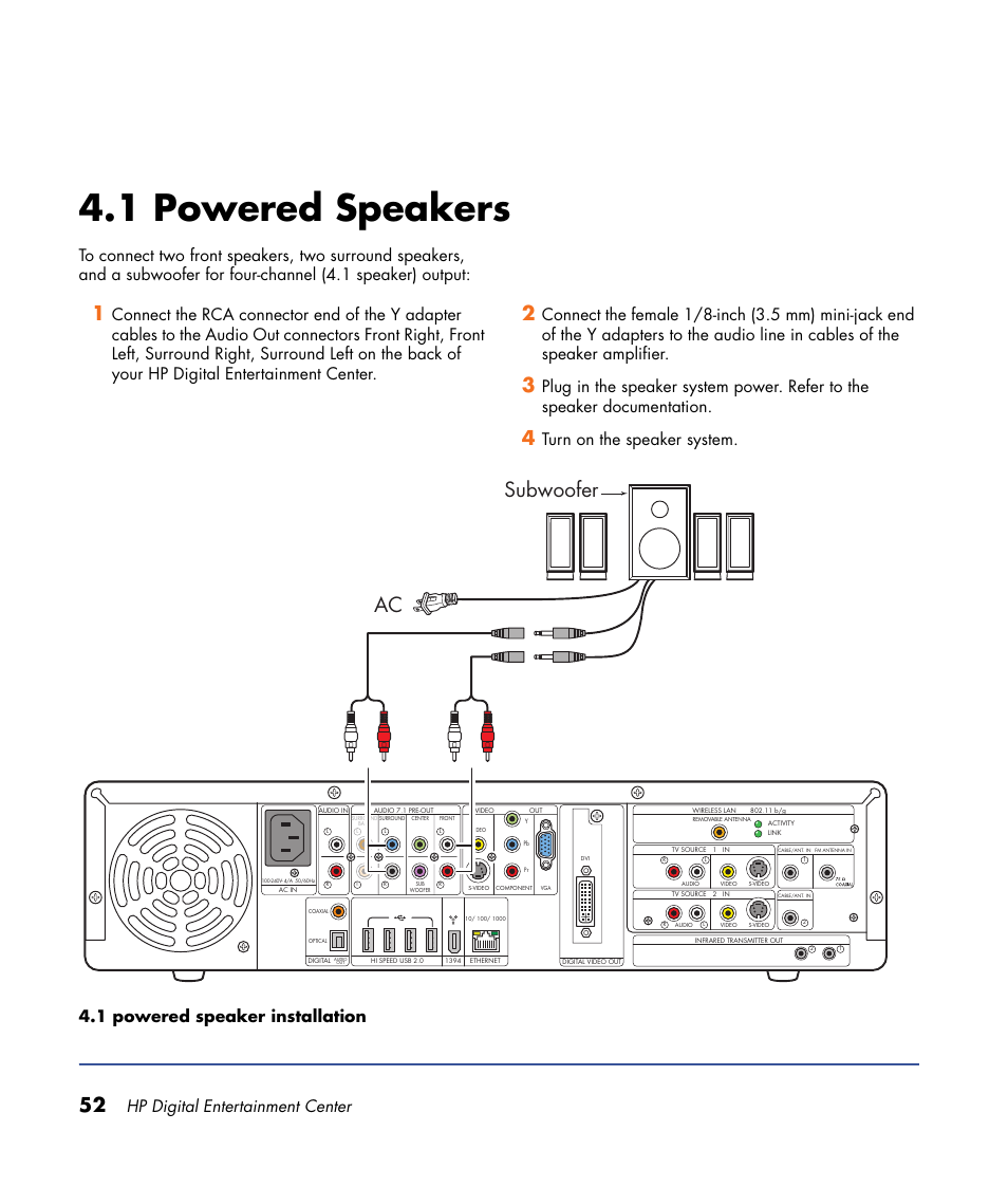 1 powered speakers, Subwoofer ac, Hp digital entertainment center | HP Digital Entertainment Center User Manual | Page 58 / 170