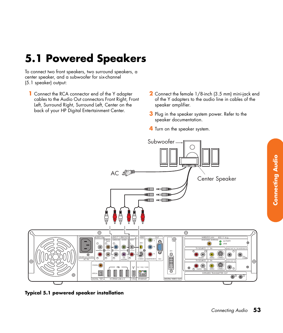 1 powered speakers, 53 connecting audio, Subwoofer center speaker ac | Connecting audio | HP Digital Entertainment Center User Manual | Page 59 / 170