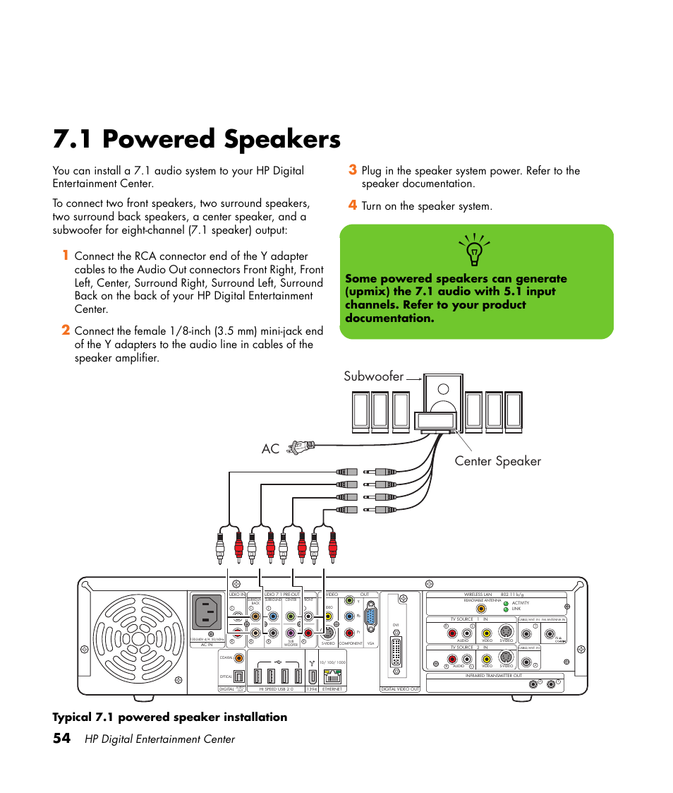 1 powered speakers, Subwoofer center speaker ac, Hp digital entertainment center | HP Digital Entertainment Center User Manual | Page 60 / 170