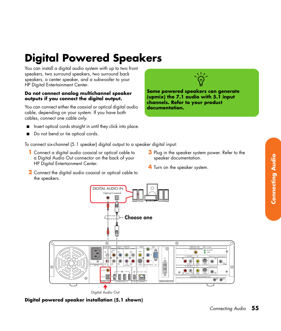Digital powered speakers, 55 connecting audio, Choose one | Connecting audio, Digital audio in, Digital audio out | HP Digital Entertainment Center User Manual | Page 61 / 170