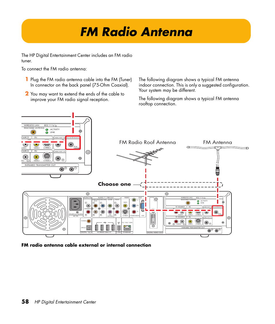 Fm radio antenna, Fm antenna fm radio roof antenna choose one, Hp digital entertainment center | HP Digital Entertainment Center User Manual | Page 64 / 170