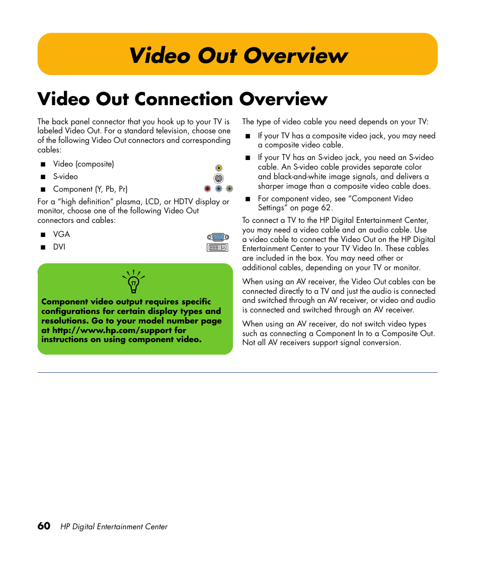 Video out overview, Video out connection overview | HP Digital Entertainment Center User Manual | Page 66 / 170