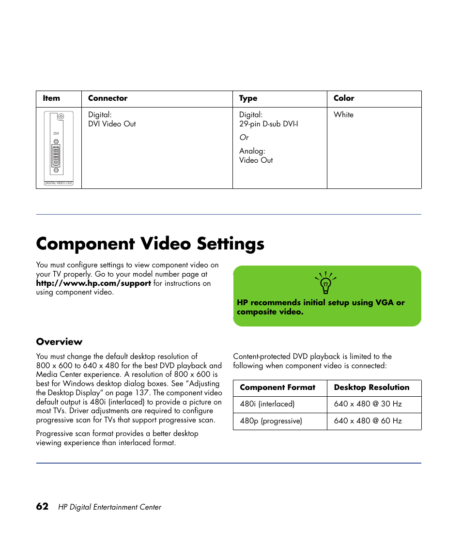 Component video settings | HP Digital Entertainment Center User Manual | Page 68 / 170