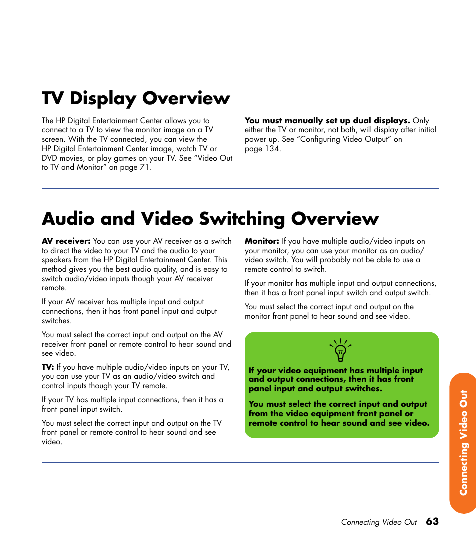 Tv display overview, Audio and video switching overview | HP Digital Entertainment Center User Manual | Page 69 / 170