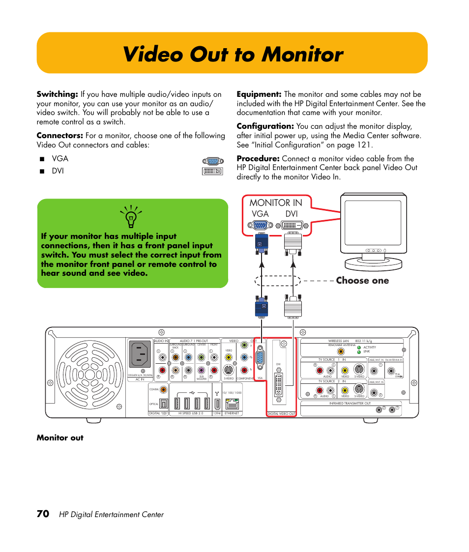 Video out to monitor, Choose one, Monitor in | Hp digital entertainment center | HP Digital Entertainment Center User Manual | Page 76 / 170
