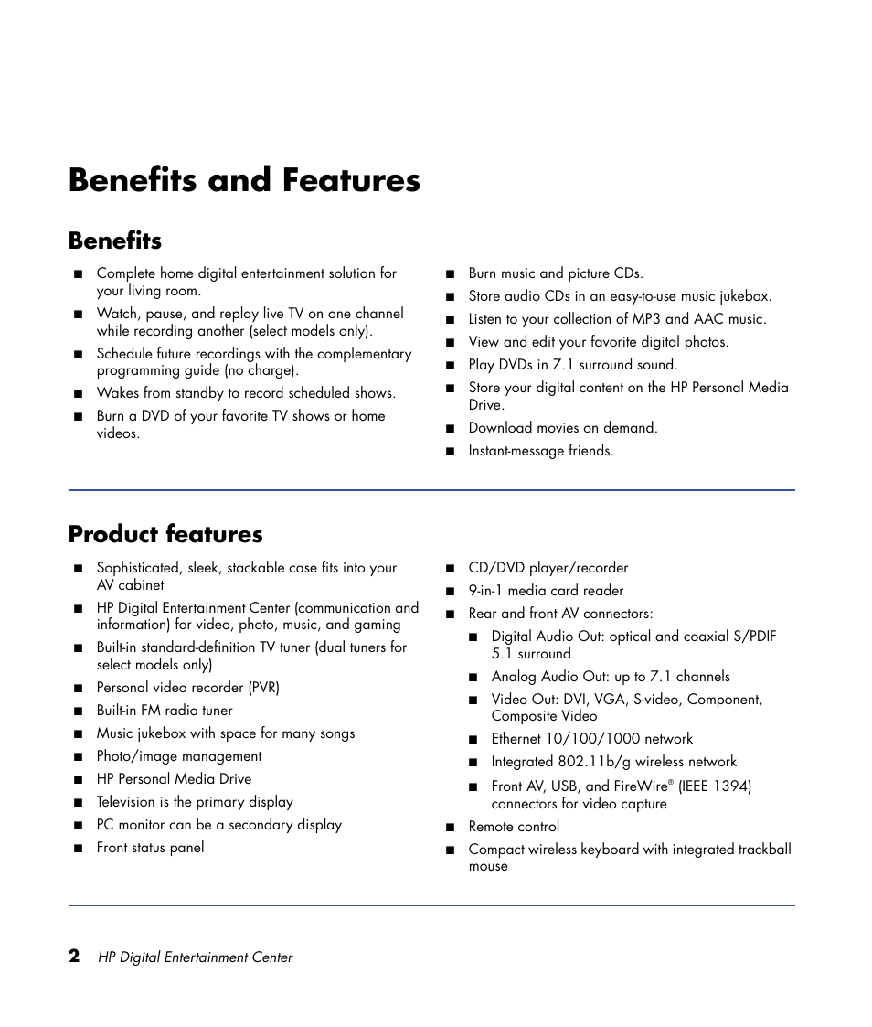 Benefits and features, Benefits, Product features | HP Digital Entertainment Center User Manual | Page 8 / 170