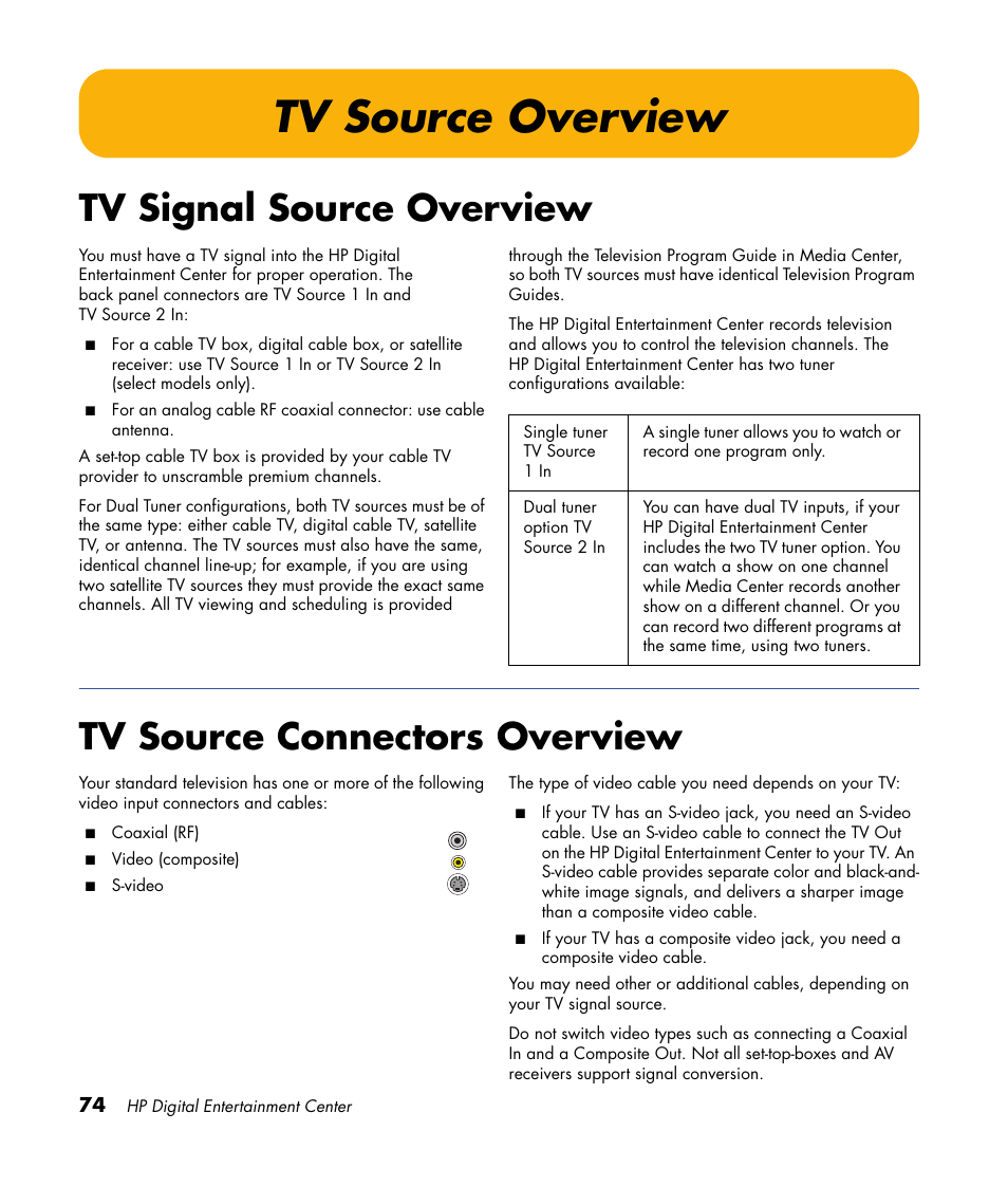 Tv source overview, Tv signal source overview, Tv source connectors overview | HP Digital Entertainment Center User Manual | Page 80 / 170