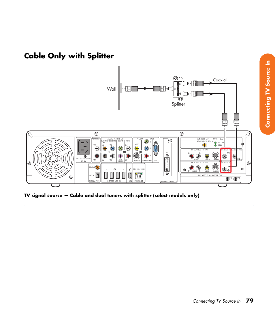Cable only with splitter, 79 connecting tv source in, Connecting tv source in | Wall splitter, Coaxial | HP Digital Entertainment Center User Manual | Page 85 / 170