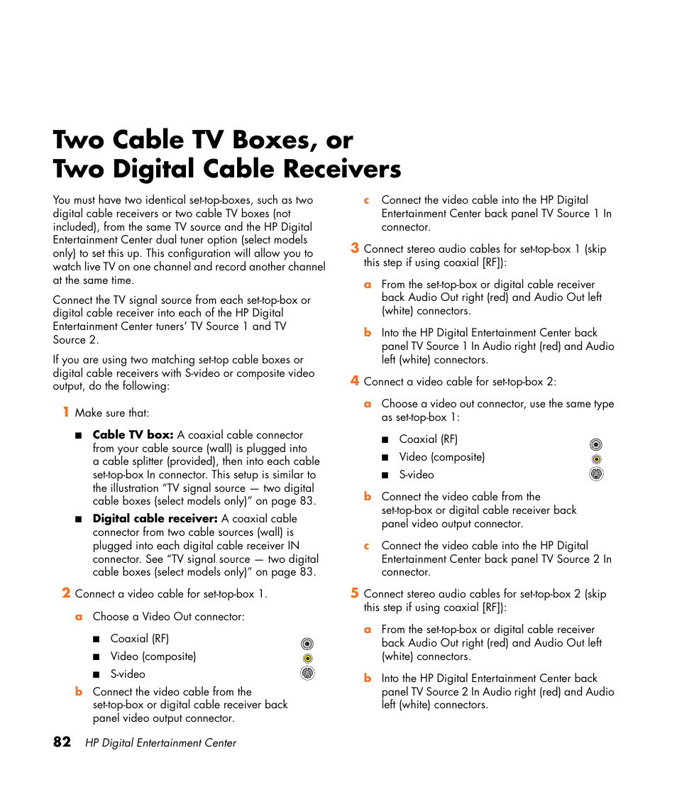 Two cable tv boxes, or two digital cable receivers | HP Digital Entertainment Center User Manual | Page 88 / 170
