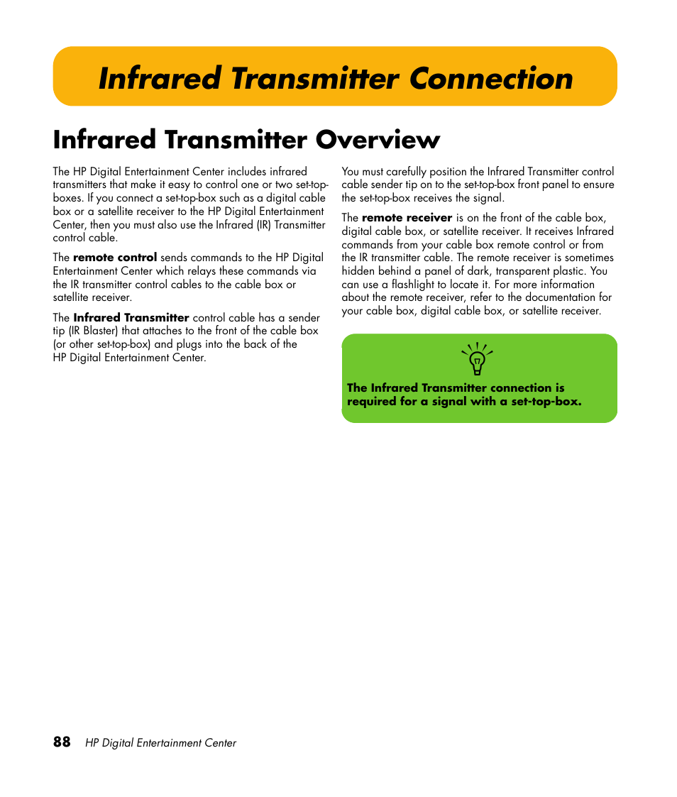 Infrared transmitter connection, Infrared transmitter overview | HP Digital Entertainment Center User Manual | Page 94 / 170