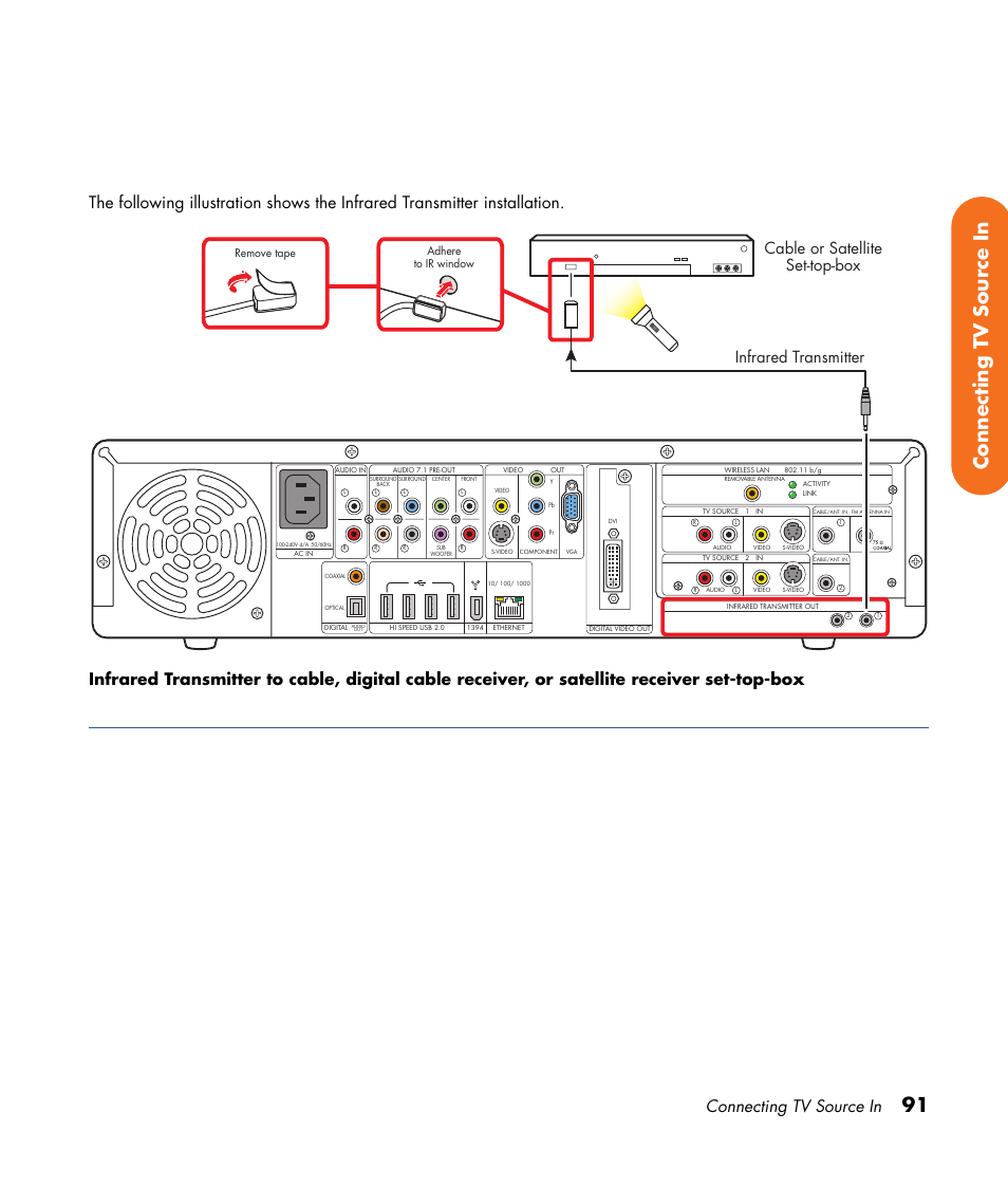 91 connecting tv source in, Connecting tv source in, Adhere to ir window remove tape | HP Digital Entertainment Center User Manual | Page 97 / 170