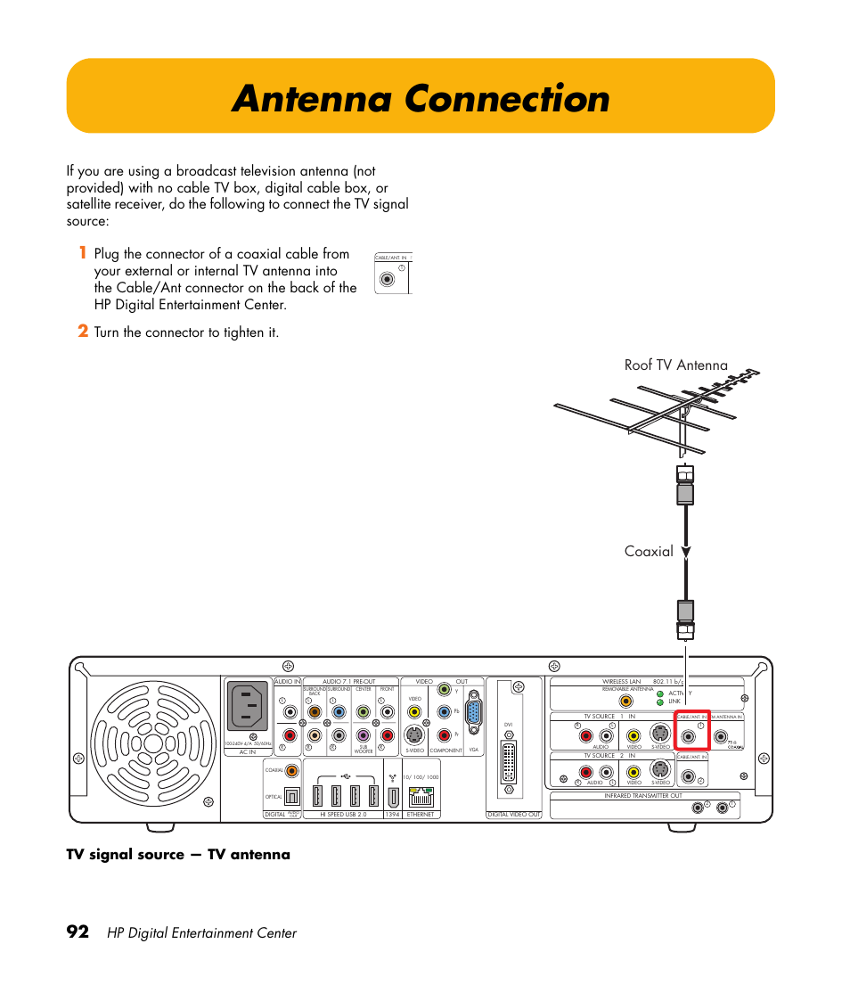 Antenna connection, Hp digital entertainment center, Roof tv antenna coaxial | HP Digital Entertainment Center User Manual | Page 98 / 170