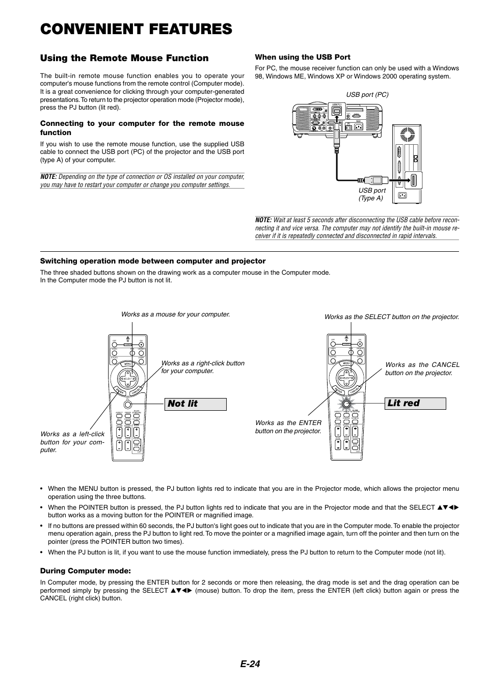 Convenient features, E-24, Using the remote mouse function | Not lit, Lit red, When using the usb port, During computer mode | HP MT1075 User Manual | Page 28 / 75