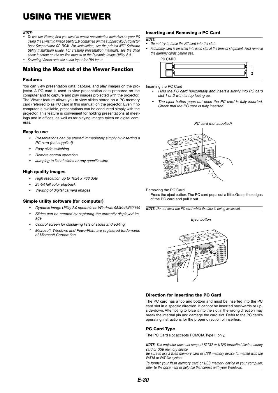 Using the viewer, E-30, Making the most out of the viewer function | Features, Easy to use, High quality images, Simple utility software (for computer), Direction for inserting the pc card, Pc card type, Inserting and removing a pc card | HP MT1075 User Manual | Page 34 / 75