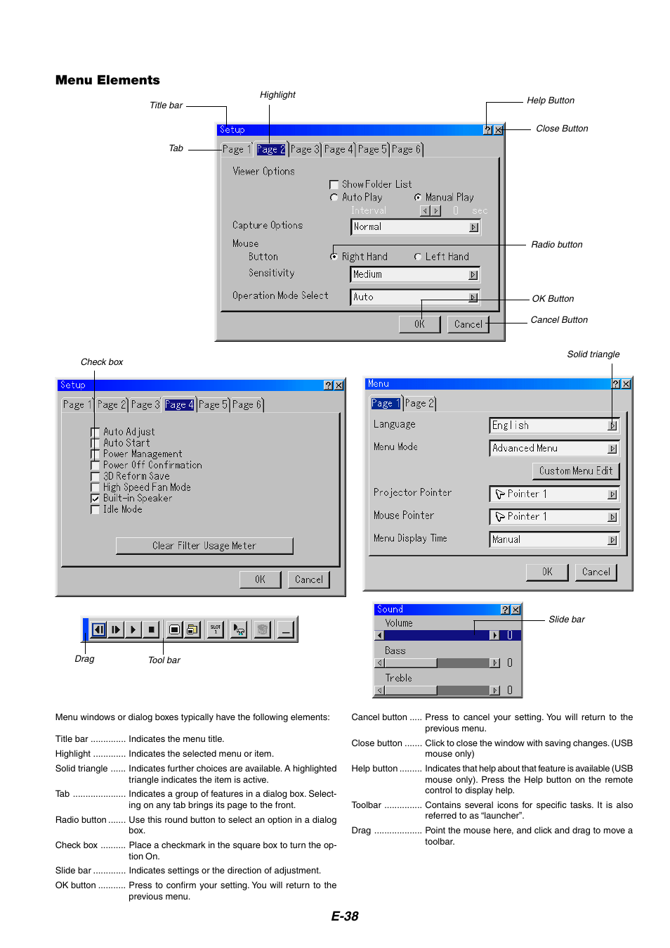 E-38, Menu elements | HP MT1075 User Manual | Page 42 / 75