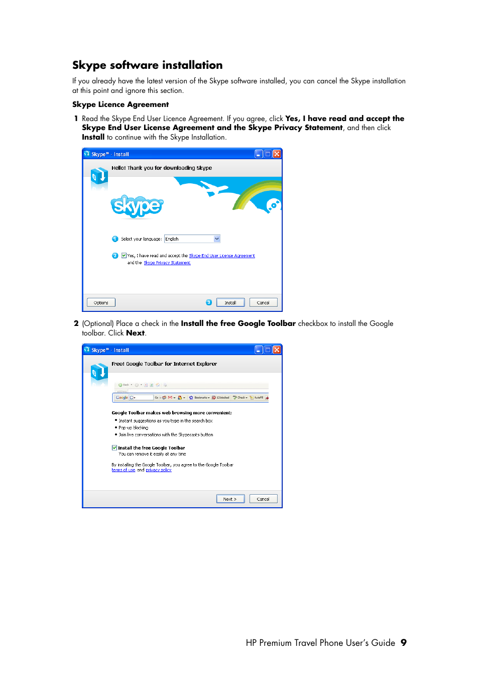 Skype software installation | HP Premium Travel Phone User Manual | Page 13 / 24