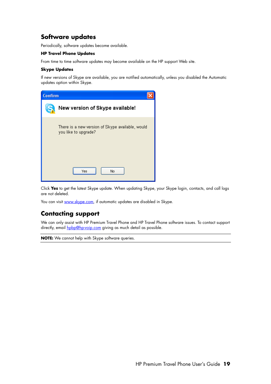 Software updates, Contacting support | HP Premium Travel Phone User Manual | Page 23 / 24