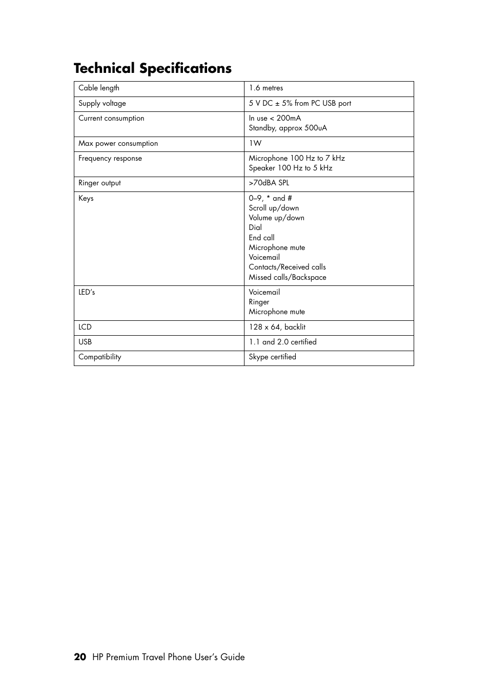 Technical specifications | HP Premium Travel Phone User Manual | Page 24 / 24