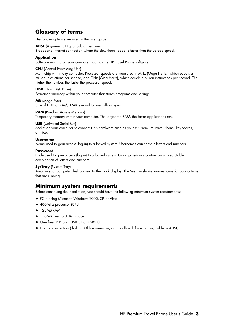Glossary of terms, Minimum system requirements | HP Premium Travel Phone User Manual | Page 7 / 24