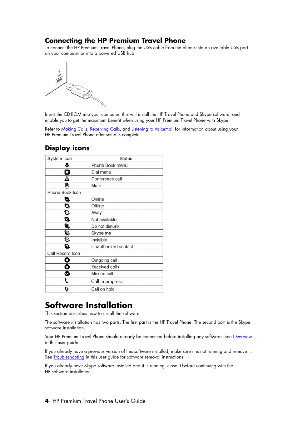 Connecting the hp premium travel phone, Display icons, Software installation | HP Premium Travel Phone User Manual | Page 8 / 24